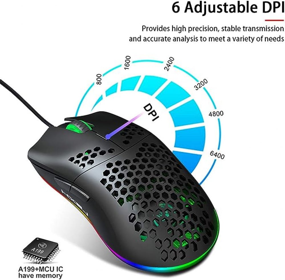 ماوس الالعاب السلكي J900 بتصميم مريح ومنفذ يو اس بي واضاءة الفضاء اللوني ار جي بي، تدعم 6 مستويات حساسية ضوئية قابلة للتعديل - متوافقة مع جهاز الكمبيوتر المكتبي واللاب توب (ابيض)