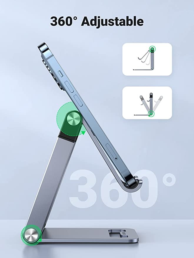 يوجرين حامل هاتف معدني حامل هاتف معدني لارتفاع المكتب قابل للتعديل حامل iPhone حامل iPhone قابل للطي متوافق مع جميع هواتف iPhone SE 3 iPhone 13 Pro Max 13mini Galaxy S22 S21 S20 إلخ