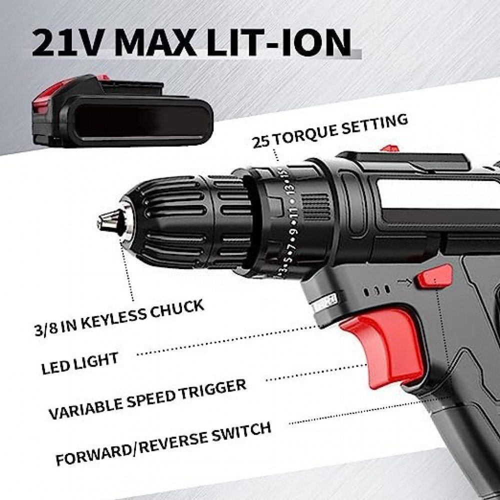 مجموعة مثقاب لاسلكي 21 فولت محمول باليد متعدد الوظائف وقابل لاعادة الشحن مع بطاريتين وشاحن مع سرعتين و25 اعداد عزم دوران واضاءة LED