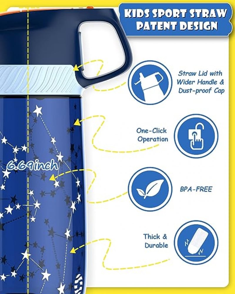 زجاجة مياه للاطفال من اف جيه بوتل مع قشة، زجاجة بلاستيكية مانعة للتسرب سعة 16 اونصة مع مقبض وشرب بفوهة واسعة للاطفال والمدرسة والرياضة