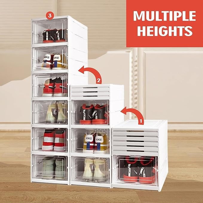 رف احذية بلاستيكي محمول مكون من 6 طبقات من الميكاكوز، درج بلاستيكي قابل للطي، غطاء شفاف قابل للطي للتخزين والتكديس لتخزين الاحذية مقاوم للغبار وتنظيم خزانة الاحذية (6 طبقات)