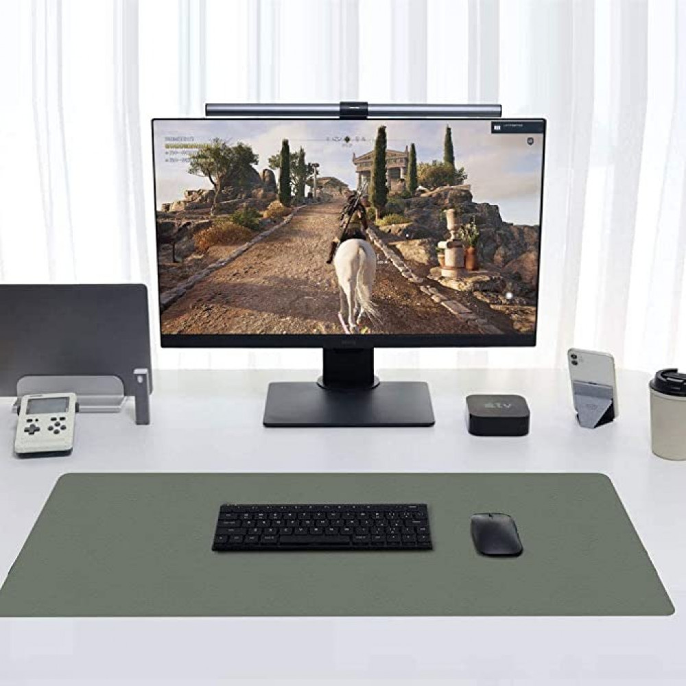 قاعدة ماوس مقاس L 80 × 40 سم، مفرش مكتب مزدوج الوجه مصنوع من الجلد الصناعي وقاعدة ماوس مقاس XXL للابتوب وكمبيوتر الالعاب والعمل للمكتب والمنزل (لون اخضر داكن ورمادي)