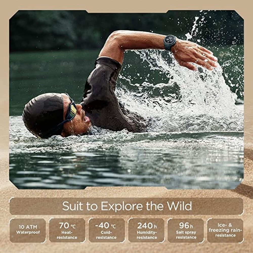 اميز فيت ساعة لياقة بدنية ذكية تي-ريكس برو موثقة حسب المعايير العسكرية مع GPS وبطارية تدوم 18يوم وSpO2 ومراقبة معدل ضربات القلب واكثر من 100 وضع رياضة مع مقاومة للماء 10 وتحكم بالموسيقى، بلون اسود من اميزفيت