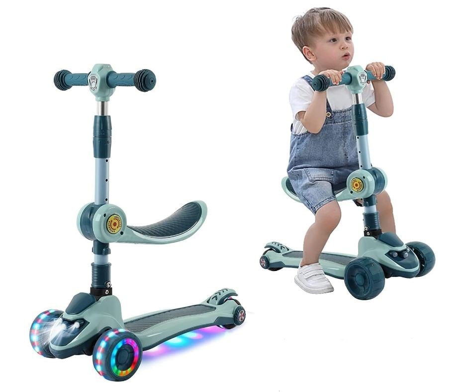 سكوتر اطفال 3 في 1 مع عجلة وامضة، سكوتر دفع للاطفال بمقعد قابل للازالة ومقابض ارتفاع قابل للتعديل