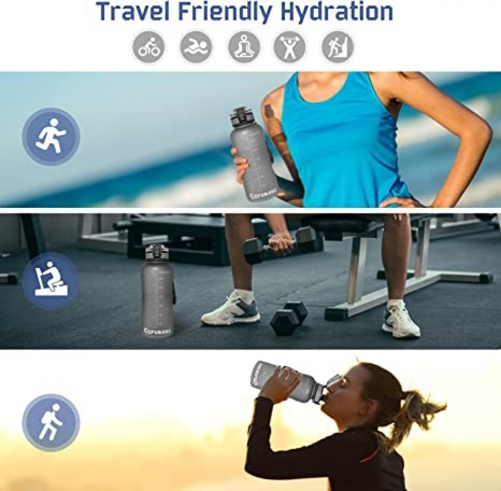 زجاجة مياه رياضية مع علامات للوقت بسعة 2 لتر خالية من BPA بغطاء مانع للتسرب