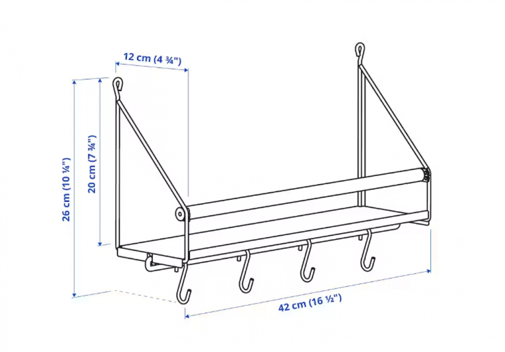 منظم حائطي من IKEA مع رف وخطافات وقضيب خشبي 42×26×12 سم
