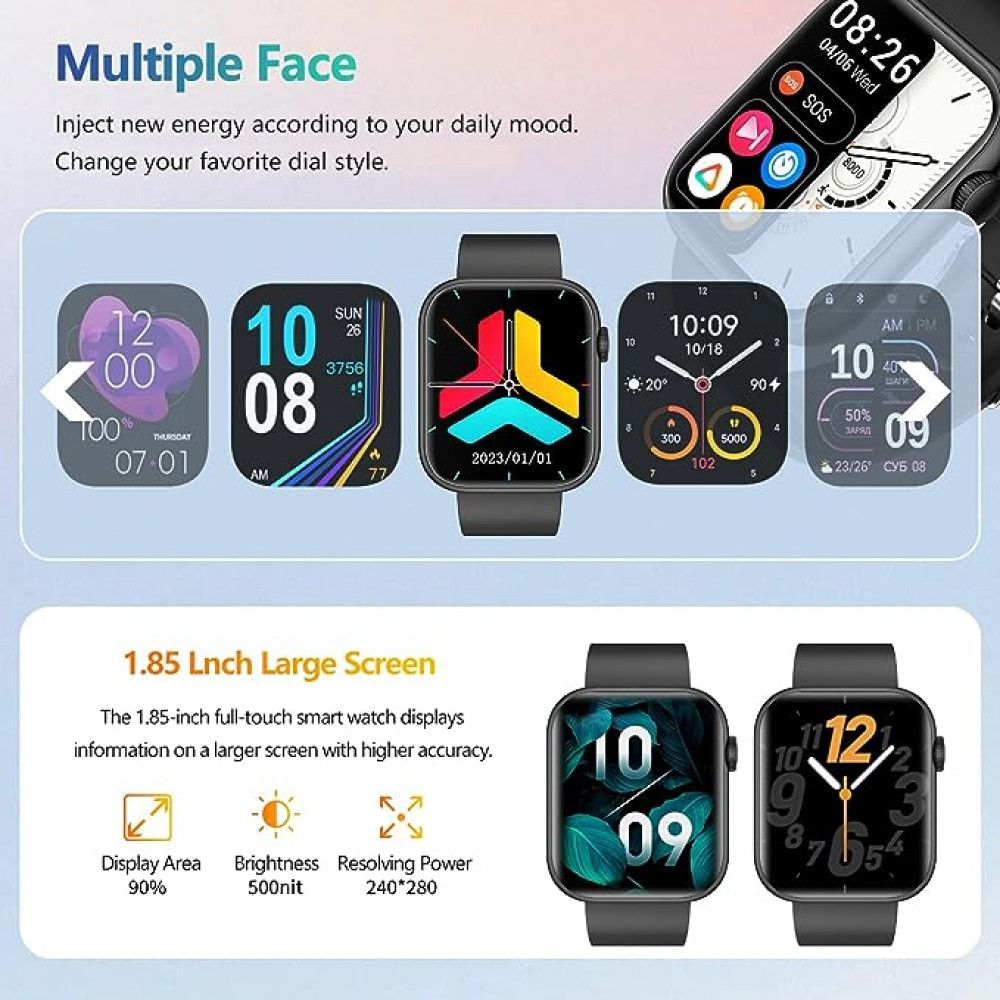 اي بي صن ساعة ذكية (استقبال واتصال)، شاشة TFT HD 1.85 انش مقاومة للماء بتصنيف IP67 لمعدل نبضات القلب ومراقبة الاكسجين في الدم، ومراقب النوم والسعرات الحرارية، ساعة ايقاف، عداد خطوات للنساء والرجال