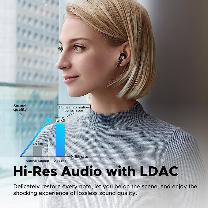 ساوند بيتس سماعات اذن لاسلكية اير 4 لايت بصوت عالي الدقة وترميز LDAC، سماعات بلوتوث 5.3 شبه داخل الاذن، سماعات بلوتوث 6 ميكروفونات بخاصية الغاء الضوضاء للمكالمات، 30 ساعة، اتصال متعدد النقاط (اسود)