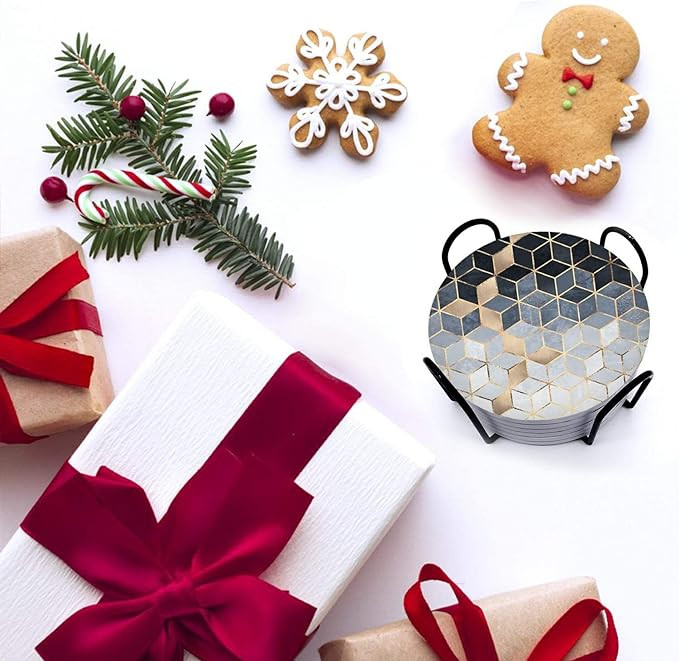 قواعد اكواب ممتصة من السيراميك مع حامل من الميكاكوز من 6 قطع، قواعد اكواب بتصميم رخامي مع قاعدة من الفلين، قاعدة لاكواب المشروبات الباردة والعصير تحمي سطح الطاولة 4 انش (ازرق)