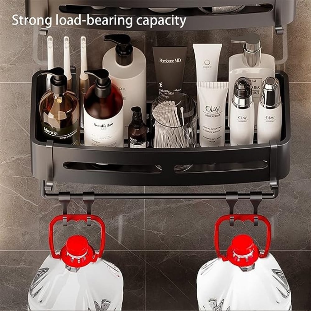 رف دش للحمام من اتش اس كيو ام ايه، منظم دش بدون ثقب لاصق مع قضيب تعليق، ارفف دش للحمام وغرفة المعيشة والمطبخ والمرحاض