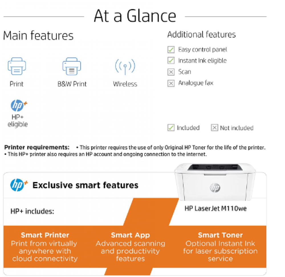 طابعة اتش بي ليزر جيت MFP110we مع 6 أشهر من الحبر الفوري متضمن مع اتش بي بلاس، ابيض، مقاس واحد، 7MD66E