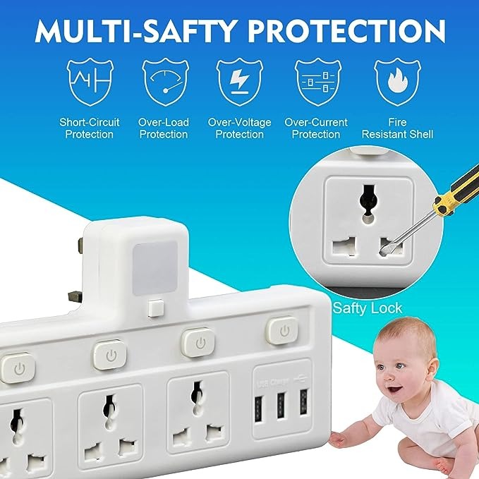 مقبس تمديد كهربائي 3 مخارج و3 USB مع ضوء ليلي