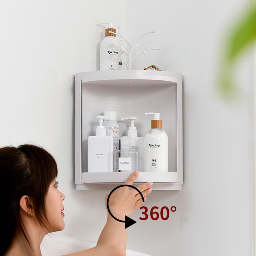 نيوستايل رفوف زاوية الحمام الدوارة 360 درجة، رف تخزين خزانة زاوية المطبخ متعدد الوظائف، رف مثلث دوار مع تصميم خطاف فرع