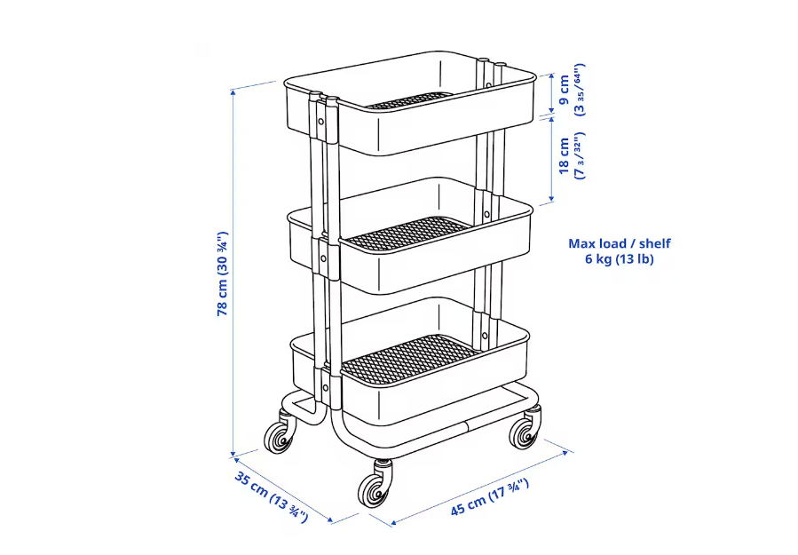 عربة تخزين منزلية RÅSKOG ثلاث طبقات بعجلات سريعة أبيض 35x45x78 سم