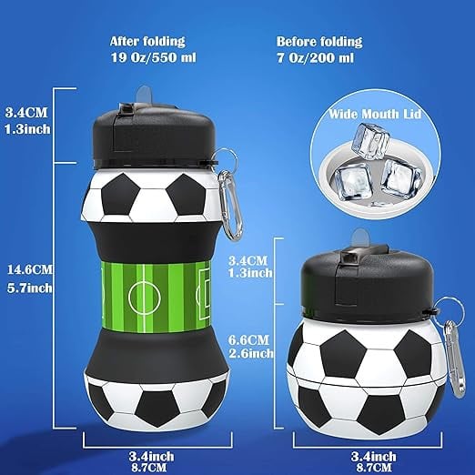 زجاجة مياه قابلة للطي بتصميم كرة قدم مبتكرة، زجاجة مياه رياضية انيقة من السيليكون لكرة القدم؛ متعددة الاستخدامات 550 مل و200 مل 2 في 1؛ هدية رائعة للطلاب والمسافرين ومحبي الرياضة