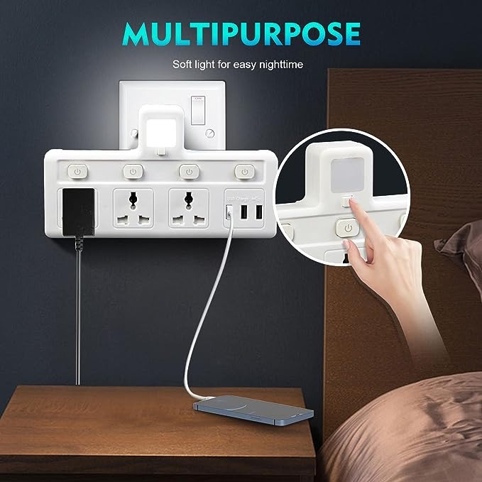 مقبس تمديد كهربائي 3 مخارج و3 USB مع ضوء ليلي