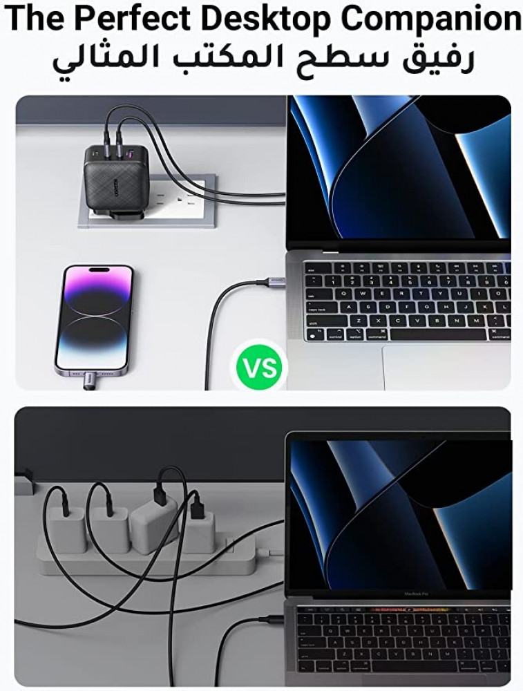 يوجرين شاحن 4 منافذ USB C شاحن GaN قابس شاحن نوع C محول شاحن الحائط السريع PD 65W متوافق مع أجهزة الكمبيوتر المحمولة MacBook Pro Air iPad iPhone Samsung ، Huawei ،Oneplus ،Xiaomi ،Dell ،Lenovo، إلخ