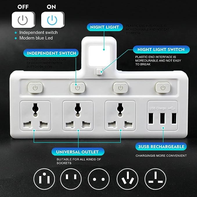 مقبس تمديد كهربائي 3 مخارج و3 USB مع ضوء ليلي