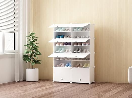 رفوف احذية من اكس اي يو دبليو او او، رفوف تخزين محمولة للاحذية بتصميم مكعب، وحدة تخزين قياسية موفرة للمساحة، رفوف ترتيب احذية طويلة واحذية وشباشب، ابيض
