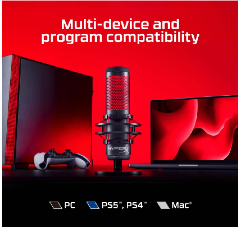 ميكروفون مكثف للقيمنق هايبر اكس كواد كاست للكمبيوتر وجهاز PlayStation 4 وماك ومقاوم للاهتزاز ومضاد للصدمات، اربع انماط ومزود بفلتر منبث، مثالي للبث ولتطبيق...