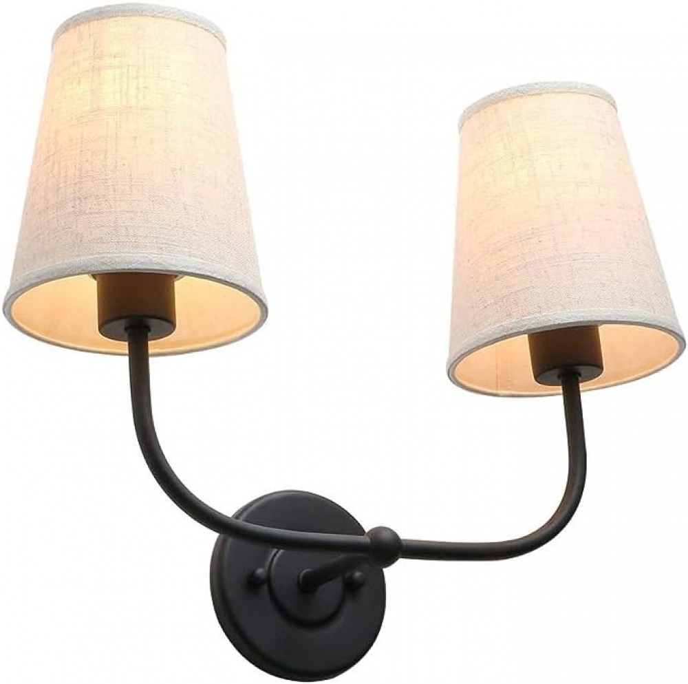 بريمو مصباح حائط صناعي مزدوج بتصميم عتيق مع قمع متوهج من قماش الكتان لغرفة النوم وغرفة الطعام والصالة والممر والسلم اسود