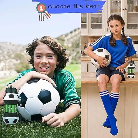 زجاجة مياه قابلة للطي بتصميم كرة قدم مبتكرة، زجاجة مياه رياضية انيقة من السيليكون لكرة القدم؛ متعددة الاستخدامات 550 مل و200 مل 2 في 1؛ هدية رائعة للطلاب والمسافرين ومحبي الرياضة