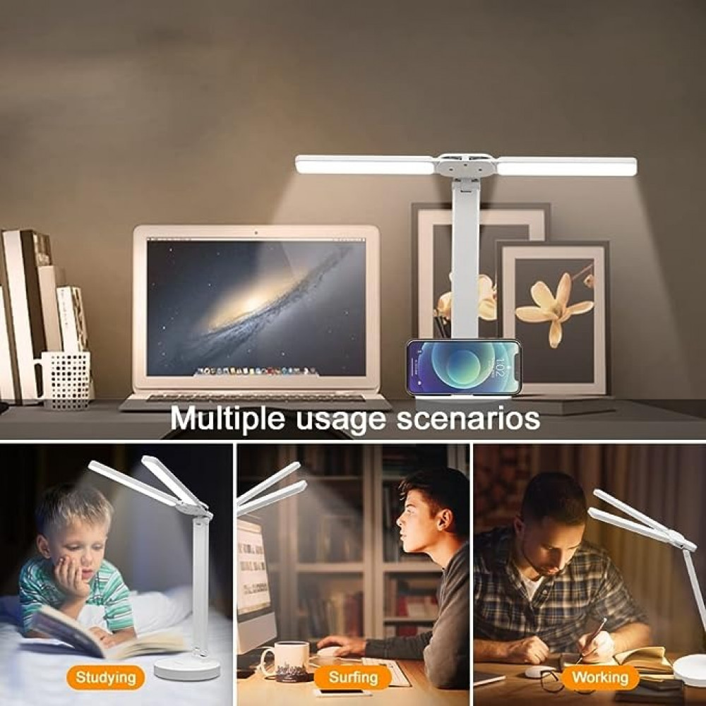 نيكومي مصباح مكتب LED مزدوج الرأس، مصباح طاولة، قابل لاعادة الشحن، عناية بالعين، تحكم باللمس مع منفذ شحن USB، مصباح طاولة بجانب السرير للقراءة والدراسة للاطفال والمنزل والمكتب، ابيض