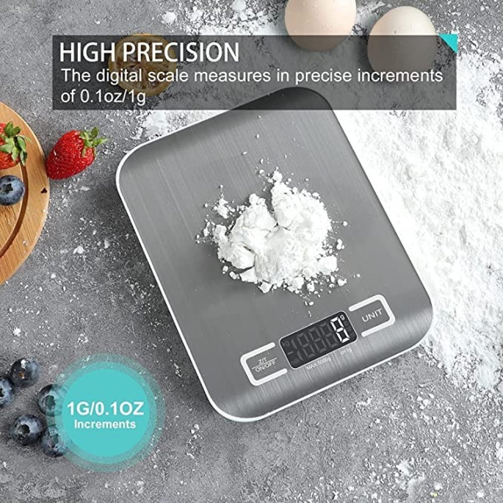ميزان مطبخ رقمي رفيع للاستخدامات المنزلية ولوزن اطعمة الحمية الغذائية مع شاشة LCD ويزن حتى 5 كغم × 1 غرام