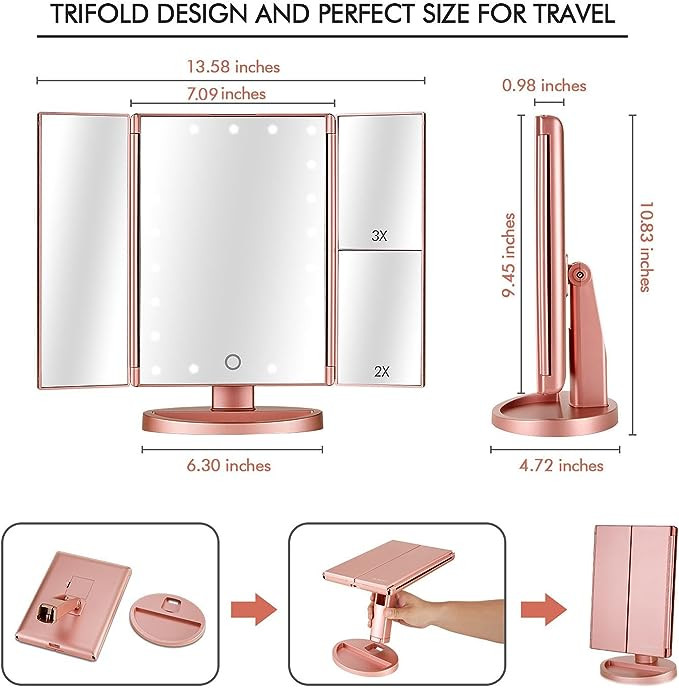 مرايا مكياج مضيئة ثلاثية من فلايميرو بتكبير 3x2x 345 سم