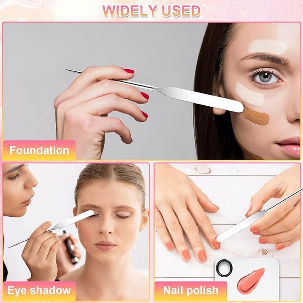 باليت مكياج مع ملعقة مسطحة، صينية لمزج المكياج من الستانلس ستيل مع ملعقة لكريم الاساس، اداة فنية لفنون الاظافر وظلال العيون والرموش ومزج الصبغات والمكياج