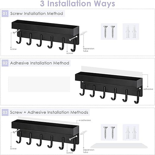 حامل مفاتيح مغناطيسي مع صينية من الميكاكو، سلسلة مفاتيح حائط مغناطيسية، حامل مفاتيح ذاتي اللصق، مع حامل صغير و6 خطافات معدنية، لتزيين الحائط والباب والمدخل والمكتب (اسود)