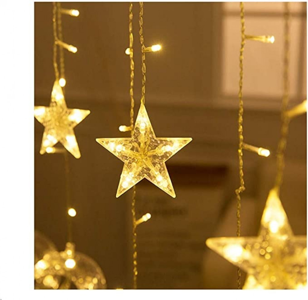 شريط اضاءة مكون من 138 مصباح LED للتعليق بديكورات مزخرفة على شكل القمر والنجوم (لون ابيض دافئ، 138.5 متر)