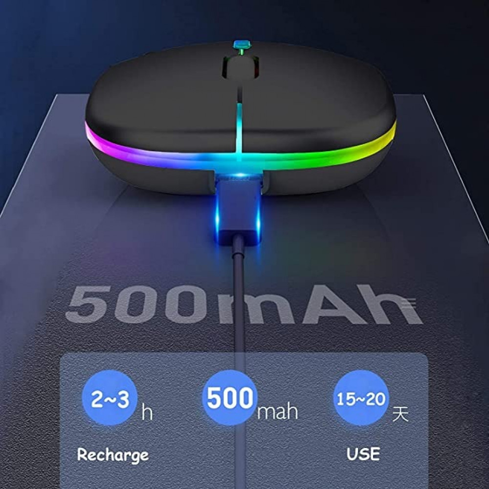 ماوس بلوتوث لاسلكي من انيوي، بتصميم نحيف واضاءة LED ووضع مزدوج (بلوتوث 5.1 + USB) 2.4 GHz قابل لاعادة الشحن بلوتوث صامت، ماوس كمبيوتر مع مستقبل USB (اسود)