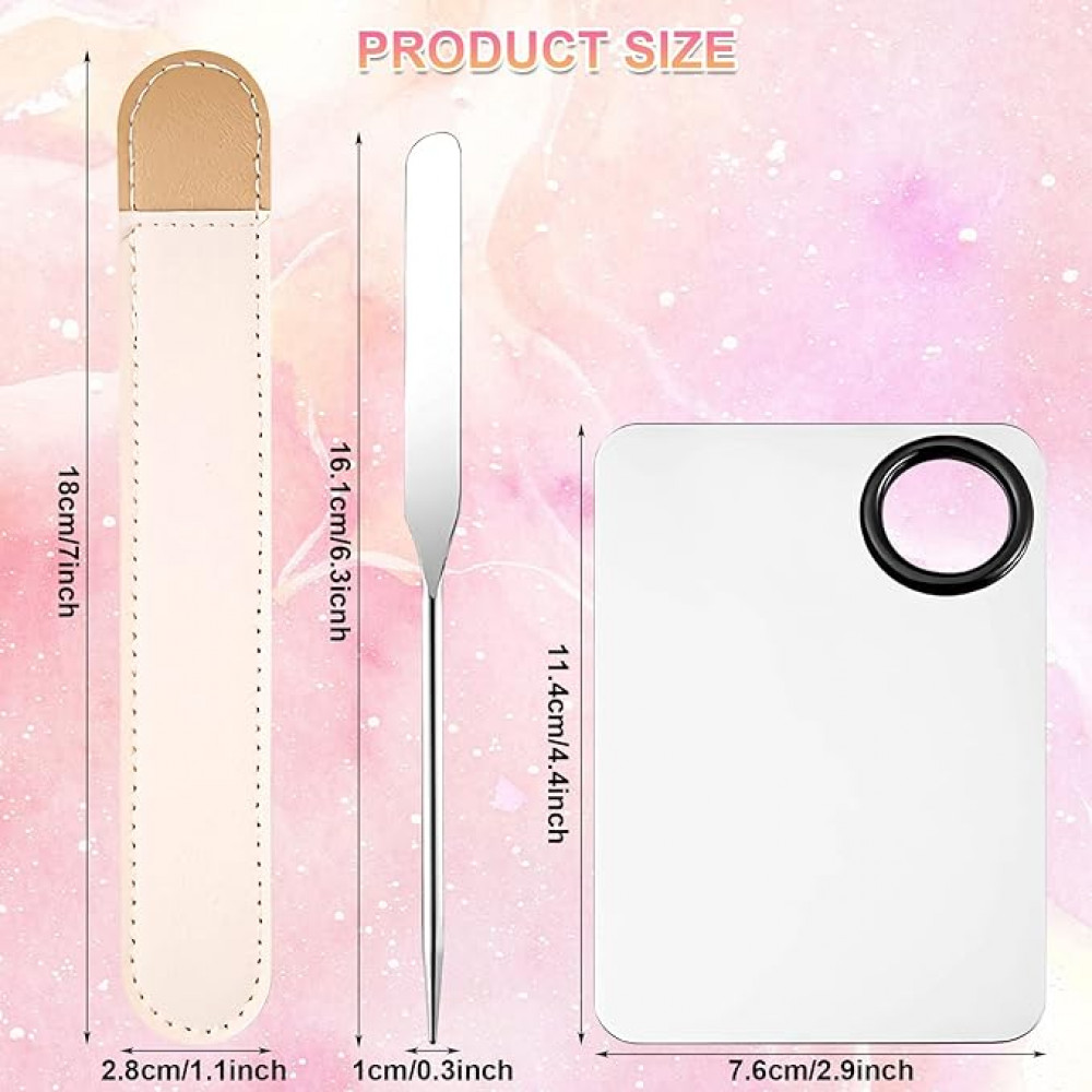باليت مكياج مع ملعقة مسطحة، صينية لمزج المكياج من الستانلس ستيل مع ملعقة لكريم الاساس، اداة فنية لفنون الاظافر وظلال العيون والرموش ومزج الصبغات والمكياج