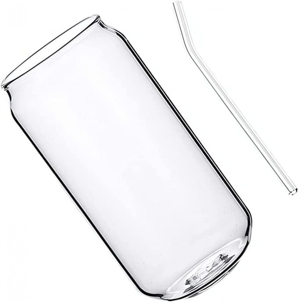 كوب زجاجي شفاف على شكل علبة من الكدون، مع شفاطة لشرب المياه والعصائر والمشروبات المخلوطة واي مشروب في اي مناسبة (500 مل)