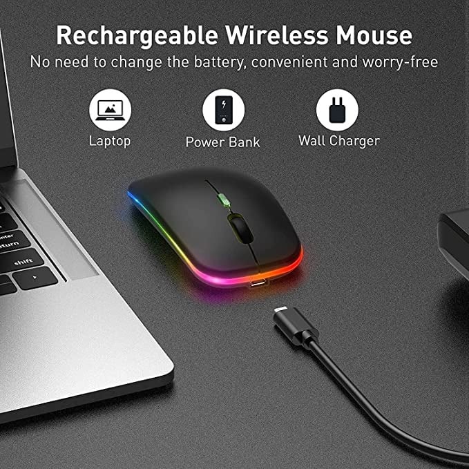 ماوس بلوتوث لاسلكي من انيوي، بتصميم نحيف واضاءة LED ووضع مزدوج (بلوتوث 5.1 + USB) 2.4 GHz قابل لاعادة الشحن بلوتوث صامت، ماوس كمبيوتر مع مستقبل USB (اسود)