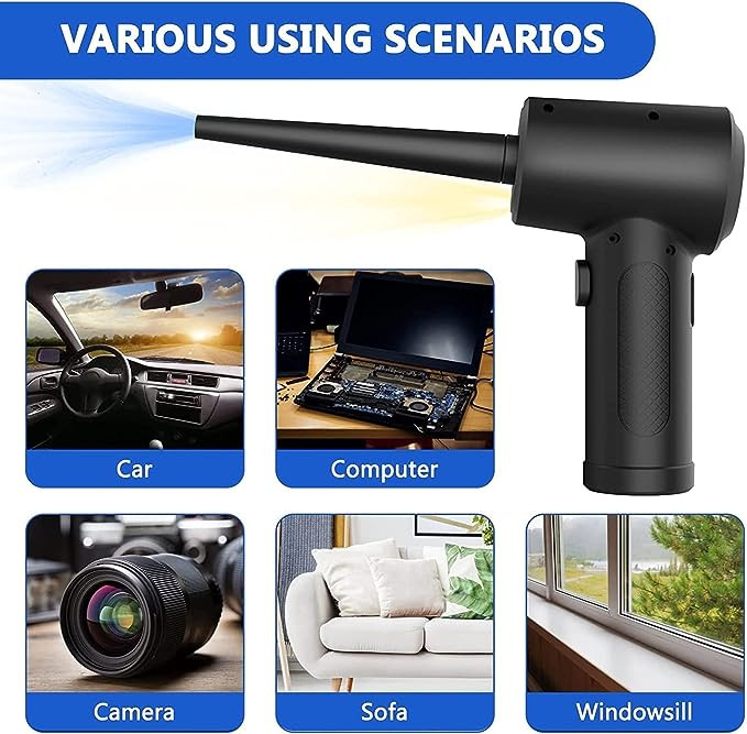 منفاخ هواء بديل كهربائي ومضغوط ولاسلكي ومحمول | بقدرة 51000 لفة في الدقيقة وبطارية بسعة 6000 mAh مع خمسة ملحقات للفوهة، لتنظيف الكيبورد واللابتوب بالهواء