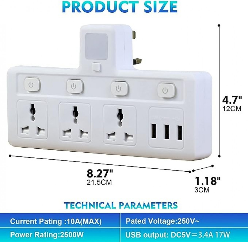مقبس تمديد كهربائي 3 مخارج و3 USB مع ضوء ليلي