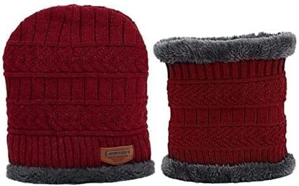 طقم شتوي من قطعتين قبعة ووشاح بلون اسود، قبعة ووشاح شتويين منسوجين من صوف مخطط سميك للرجال والنساء