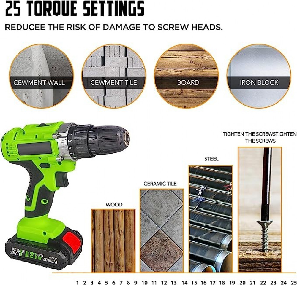 مجموعة مثقاب كهربائي لاسلكي 21 فولت مع بطاريتين وشاحن، مفك براغي كهربائي محمول باليد متعدد الوظائف وقابل لاعادة الشحن مع اضاءة LED مدمجة، سرعتين، 25 اعداد لعزم الدوران