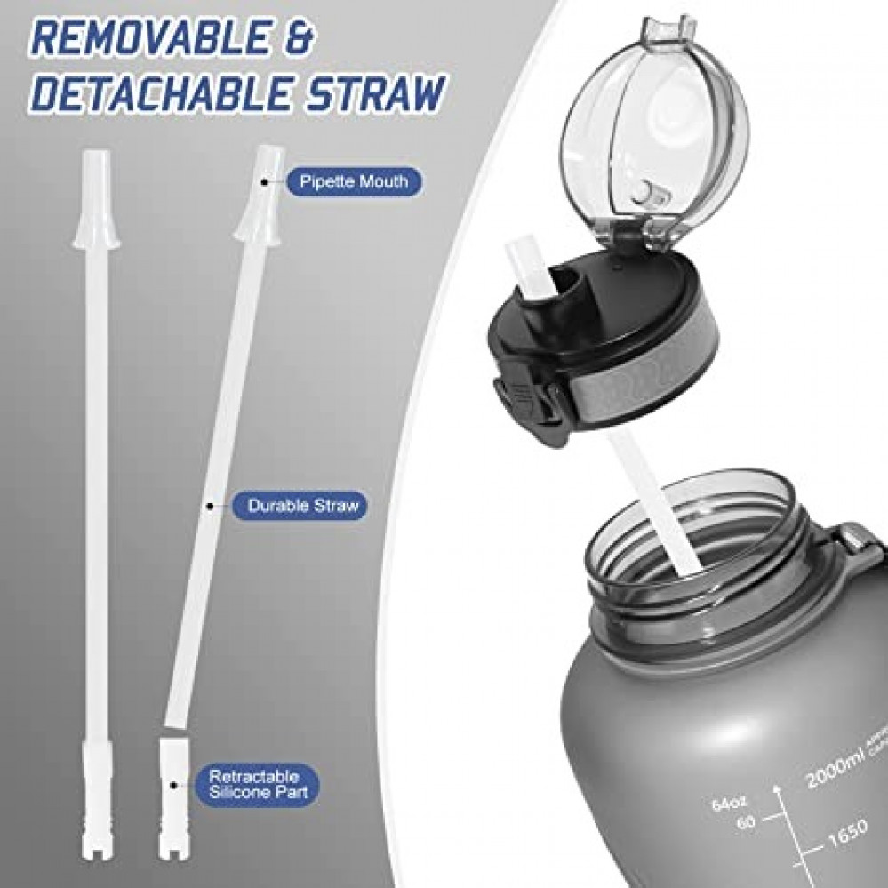 زجاجة مياه رياضية مع علامات للوقت بسعة 2 لتر خالية من BPA بغطاء مانع للتسرب