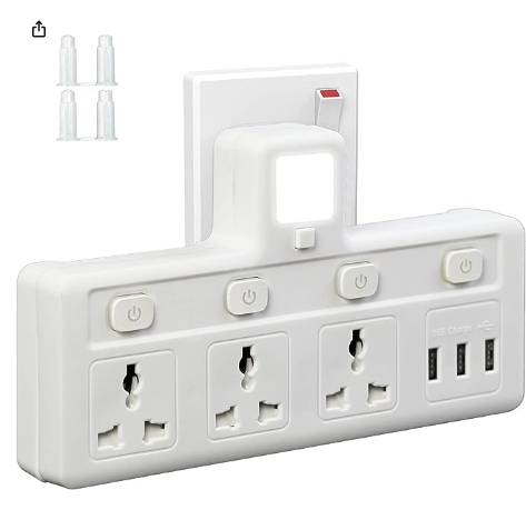 مقبس تمديد كهربائي 3 مخارج و3 USB مع ضوء ليلي