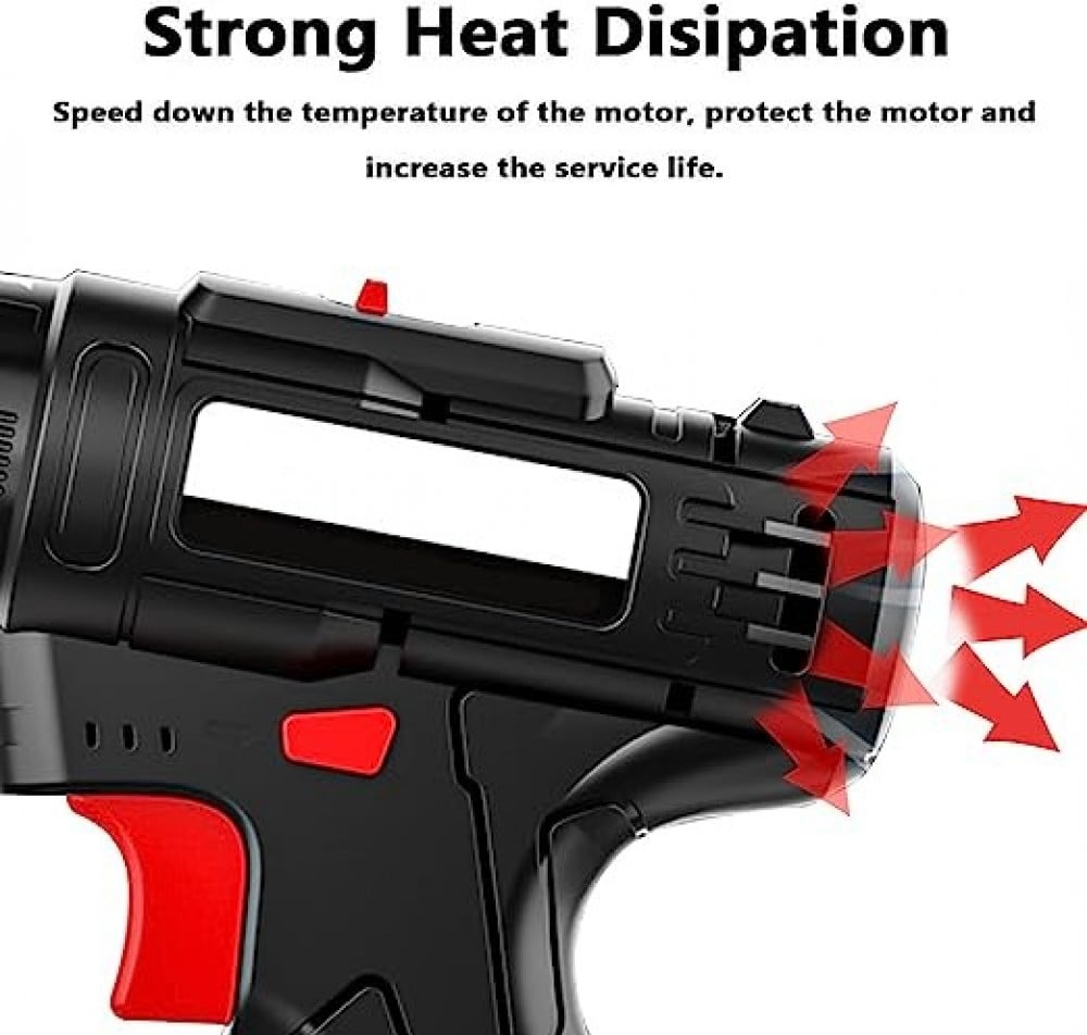 مجموعة مثقاب لاسلكي 21 فولت محمول باليد متعدد الوظائف وقابل لاعادة الشحن مع بطاريتين وشاحن مع سرعتين و25 اعداد عزم دوران واضاءة LED