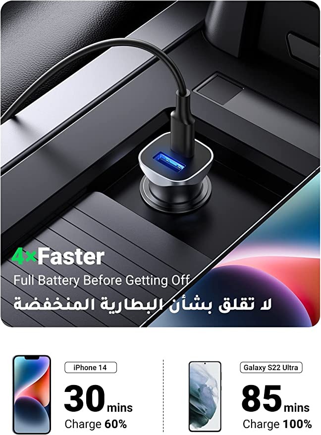 يوجرين شاحن سيارة سريع PD 24W شاحن لهاتف iPhone 14 منفذ USB مزدوج محول السيارة متوافق مع iPhone 14 Pro Max / 14 Pro / 14/13 Pro Max / 12 Pro و iPad 9 وiPad mini 6 وSamsung S22 وHuawei Mate20 وغيرها