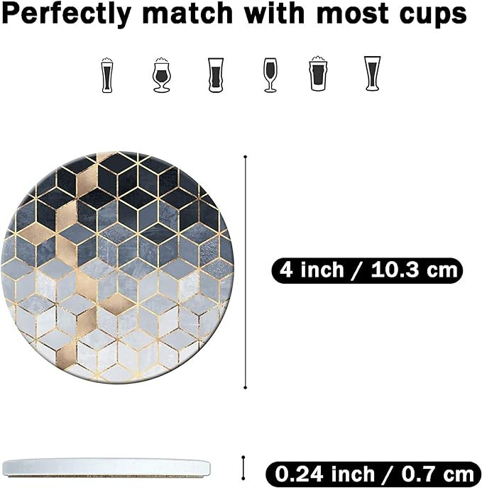قواعد اكواب ممتصة من السيراميك مع حامل من الميكاكوز من 6 قطع، قواعد اكواب بتصميم رخامي مع قاعدة من الفلين، قاعدة لاكواب المشروبات الباردة والعصير تحمي سطح الطاولة 4 انش (ازرق)