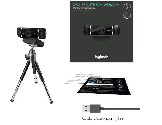 كاميرا لوجيتيك C922 برو ستريم، HD 1080P-30fps او HD 720P-60fps، نظام تدفق سريع وستيريو وتصحيح ضوء HD، تركيز تلقائي، مناسبة لليوتيوب، تويش، اكس سبليت، الكمبيوتر، Mac، اللابتوب، التابلت - اسود