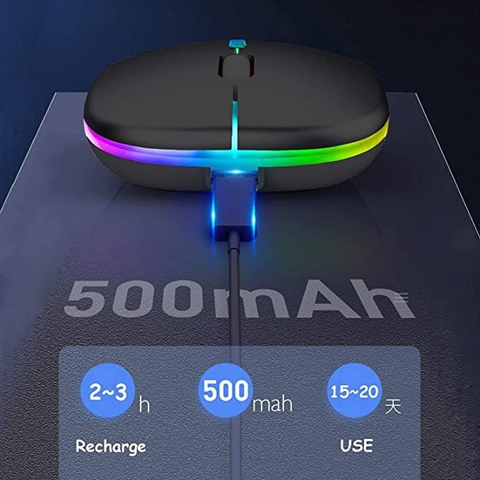 ماوس بلوتوث لاسلكي من انيوي، بتصميم نحيف واضاءة LED ووضع مزدوج (بلوتوث 5.1 + USB) 2.4 GHz قابل لاعادة الشحن بلوتوث صامت، ماوس كمبيوتر مع مستقبل USB (اسود)