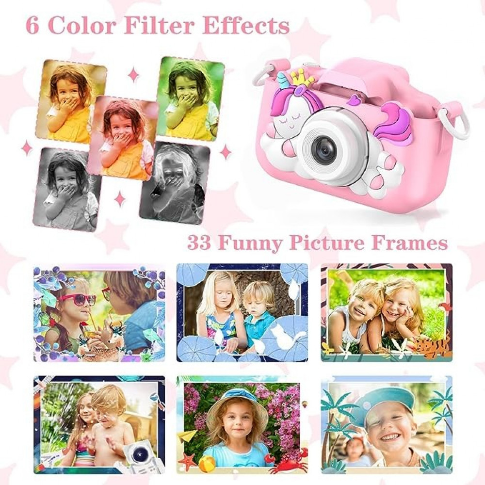 كاميرا للاطفال من زوني، كاميرا رقمية مطورة بتصميم يونيكورن مع فيديو، كاميرا فيديو سيلفي 32GB 1080P HD للاطفال الصغار، العاب هدايا لطيفة محمولة للبنات والاولاد (بينك)