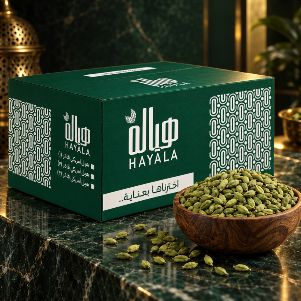 American cardamom No. 3 carton, 6 mm, with a bowl of green cardamom