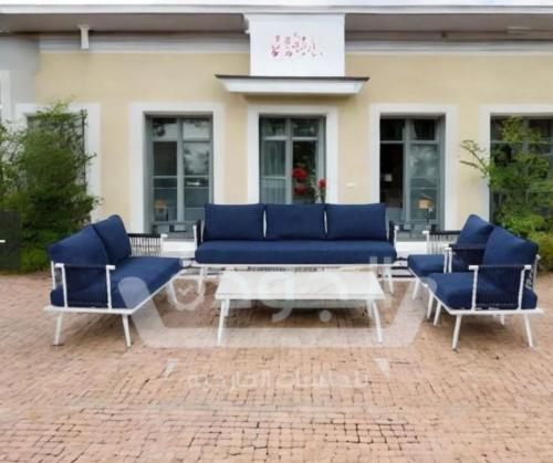 طقم جلسة كنب خارجية 7 أشخاص قماش لون أزرق